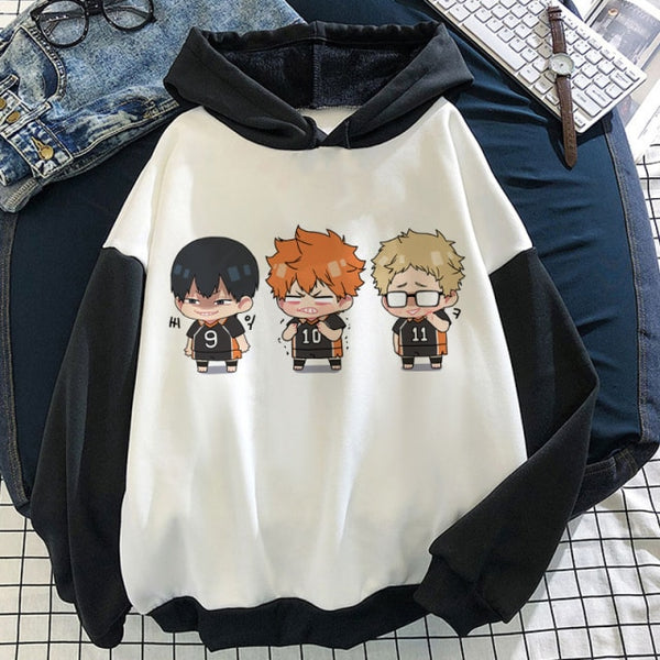 Chibi Kageyama Hinata and Tsukishima Color Block Fleece Pullover Hoodie